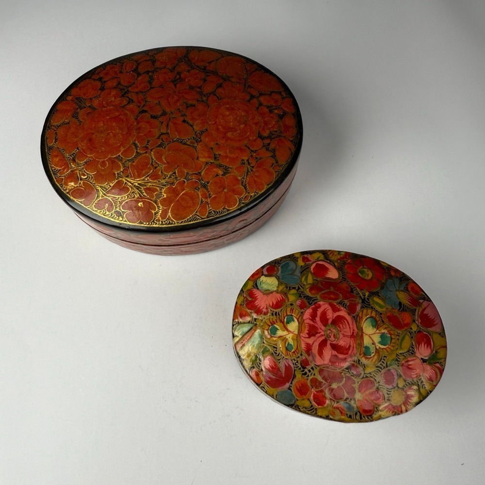 Hand Painted Kashmir India Lacquer Boxes Set Floral Trinket Decor